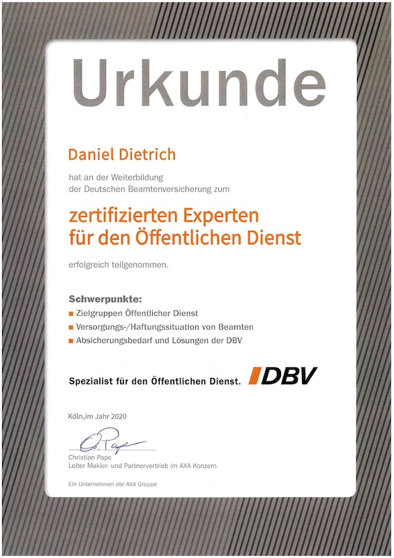 Urkunde als zertifizierter Experte für den öffentlichen Dienst Daniel Dietrich