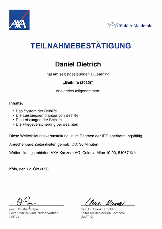 Zertifikat Beihilfe 2020 Daniel Dietrich