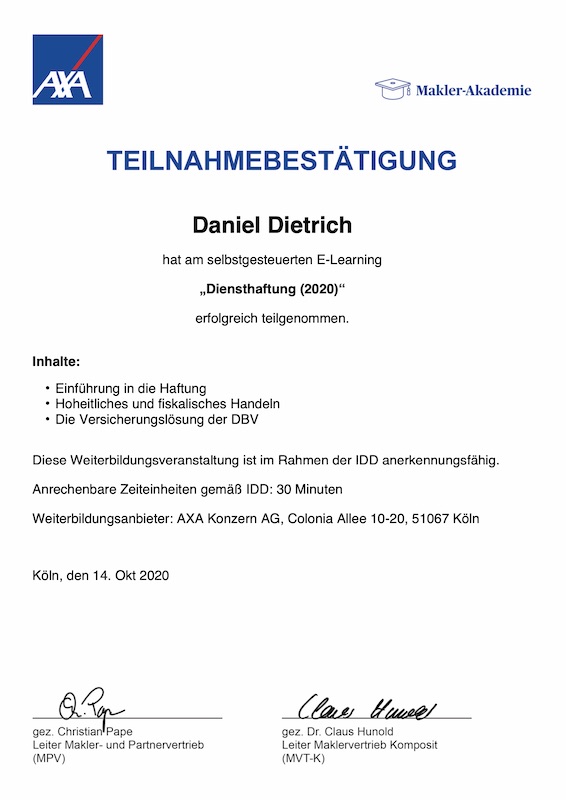 Zertifikat Diensthaftung 2020 Daniel Dietrich