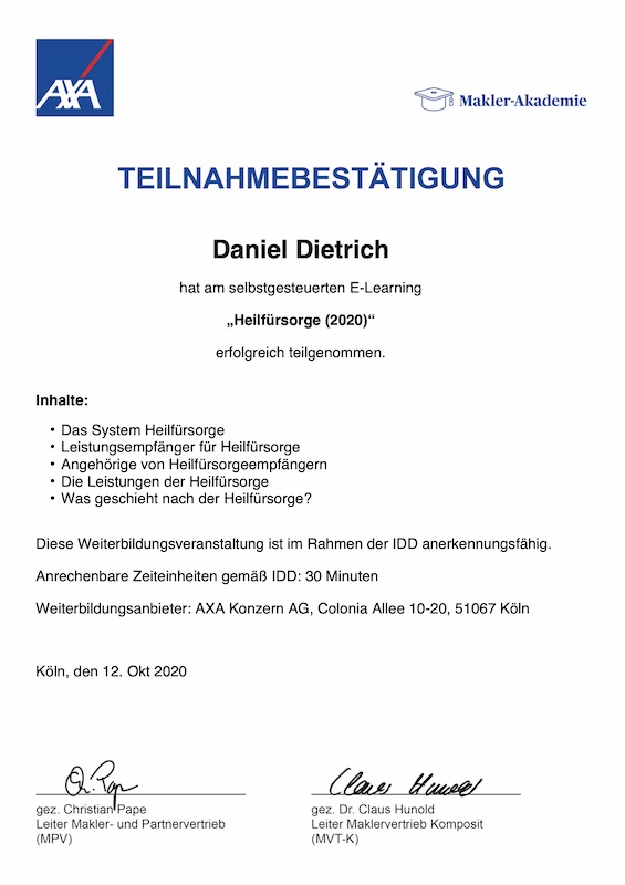 Zertifikat Heilfürsorge 2020 Daniel Dietrich