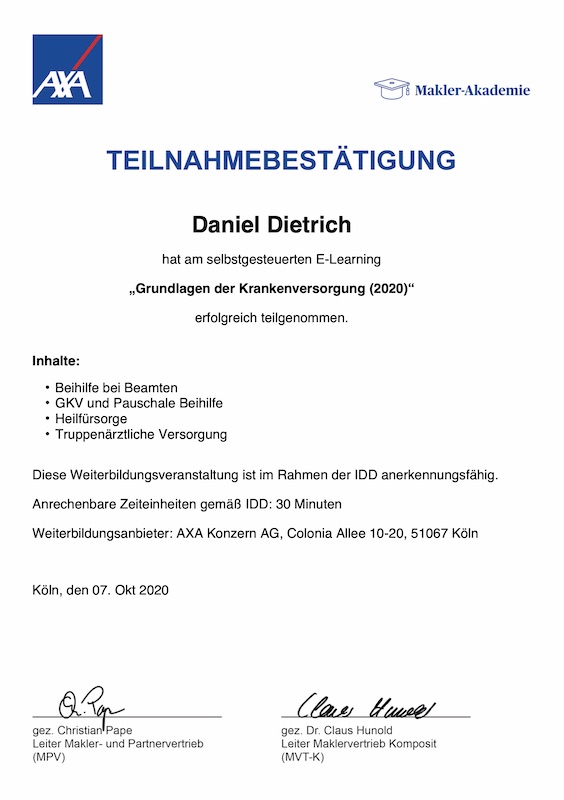 Zertifikat Grundlagen der Krankenversicherung 2020 Daniel Dietrich