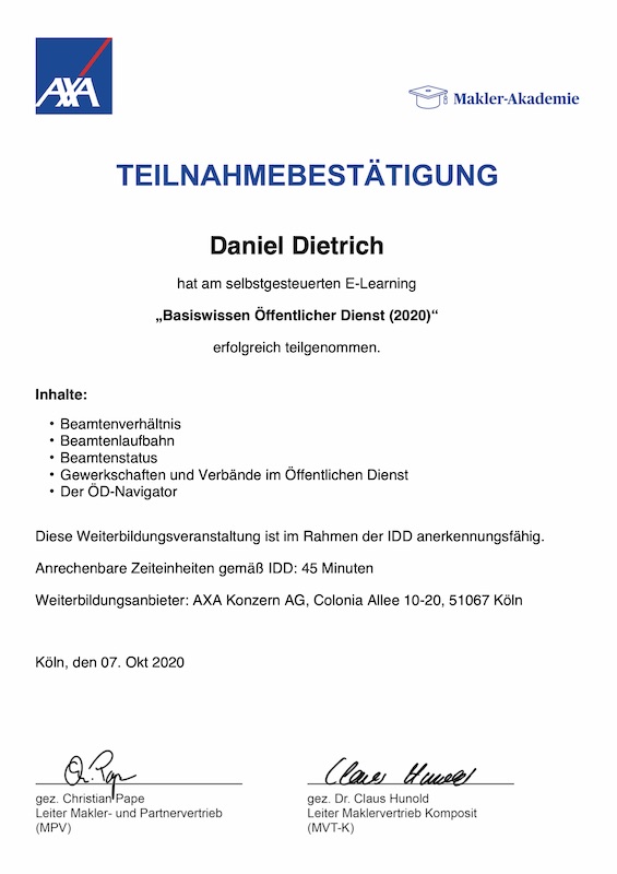 Zertifikat Basiswissen öffentlicher Dienst 2020 Daniel Dietrich