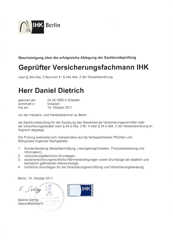 Geprüfter Versicherungsfachmann IHK Daniel Dietrich
