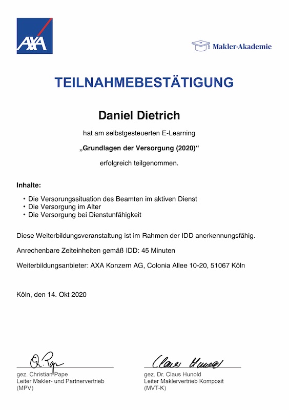 Zertifikat Grundlagen der Versorgung 2020 Daniel Dietrich