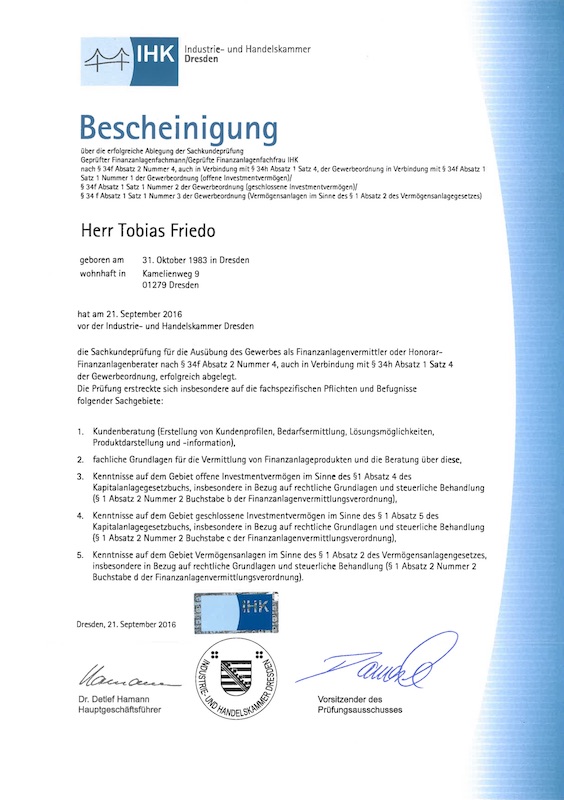 Bescheinigung zum Finanzanlagenfachmann der IHK Tobias Friedo