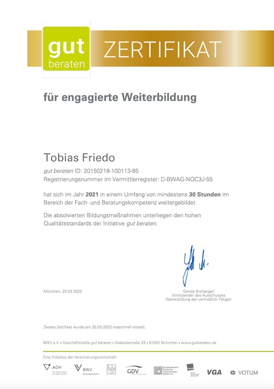 Zertifikat zur Weiterbildung 30 Stunden in Fach- und Beratungskompetenz 2021 Tobias Friedo