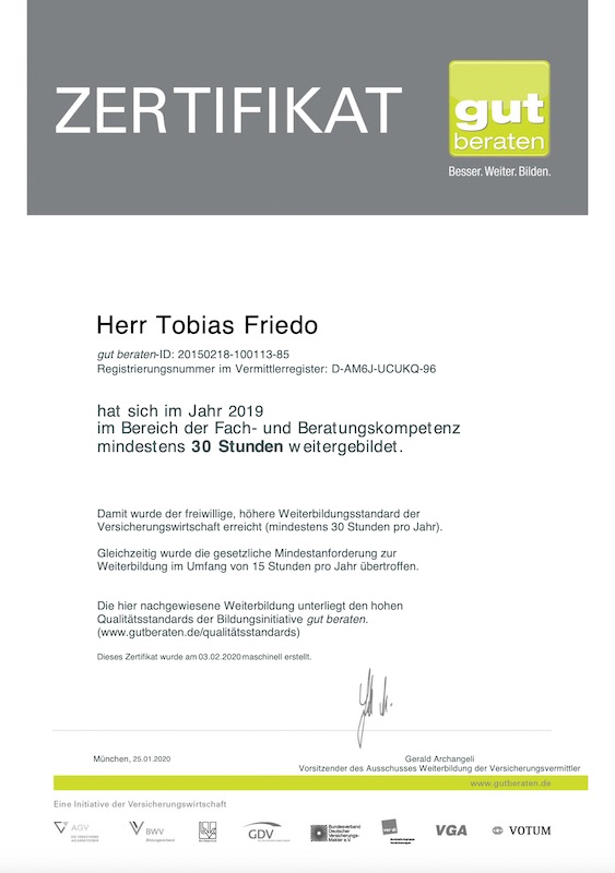 Zertifikat zur Weiterbildung 30 Stunden in Fach- und Beratungskompetenz 2019 Tobias Friedo