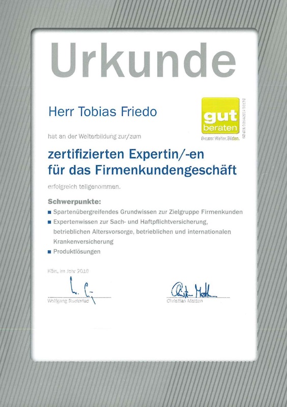 Urkunde zum zertifizierten Experten für das Firmenkundengeschäft Tobias Friedo