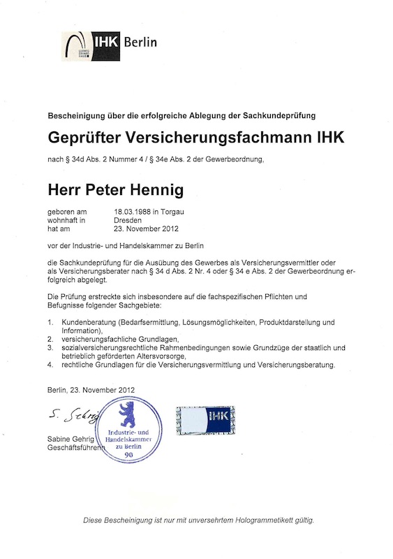 Bescheinigung als geprüfter Versicherungsfachmann der IHK Peter Hennig