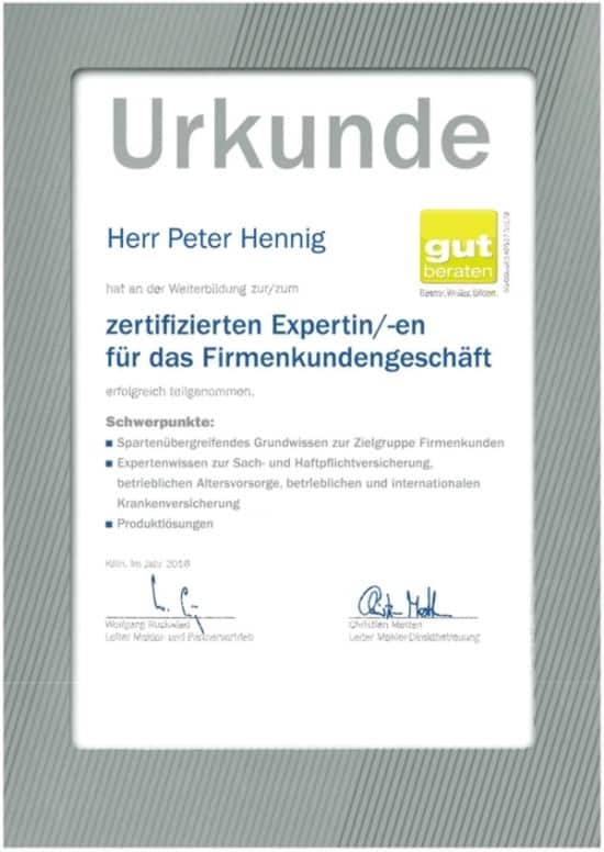 Urkunde zum zertifizierten Experten für das Firmenkundengeschäft Peter Hennig