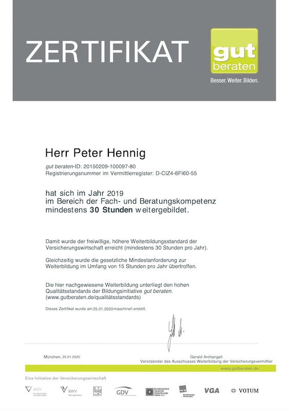 Zertifikat zu Weiterbildungen im Bereich Fach- und Beratungskompetenz Peter Hennig 2019