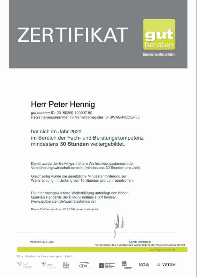 Urkunde zur Zertifikat Weiterbildung im Bereich Fach- und Beratungskompetenz von Peter Hennig