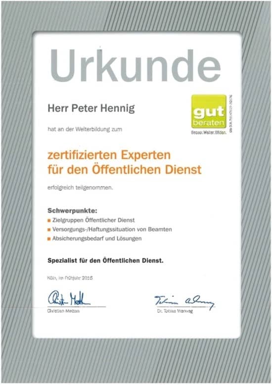 Urkunde zum zertifizierten Experten für den öffentlichen Dienst Peter Hennig